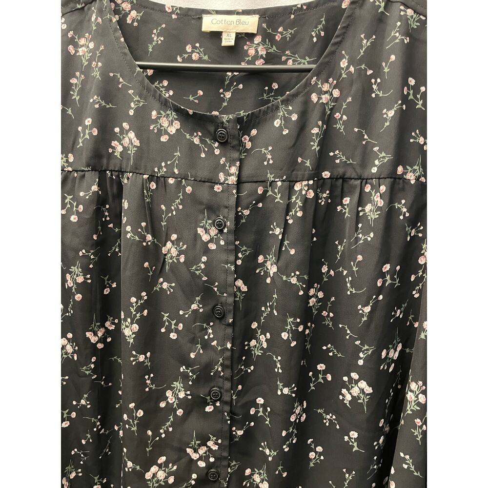 Cotton Bleu dress blouse size XL black floral‎ sheer designer - Picture 2 of 5